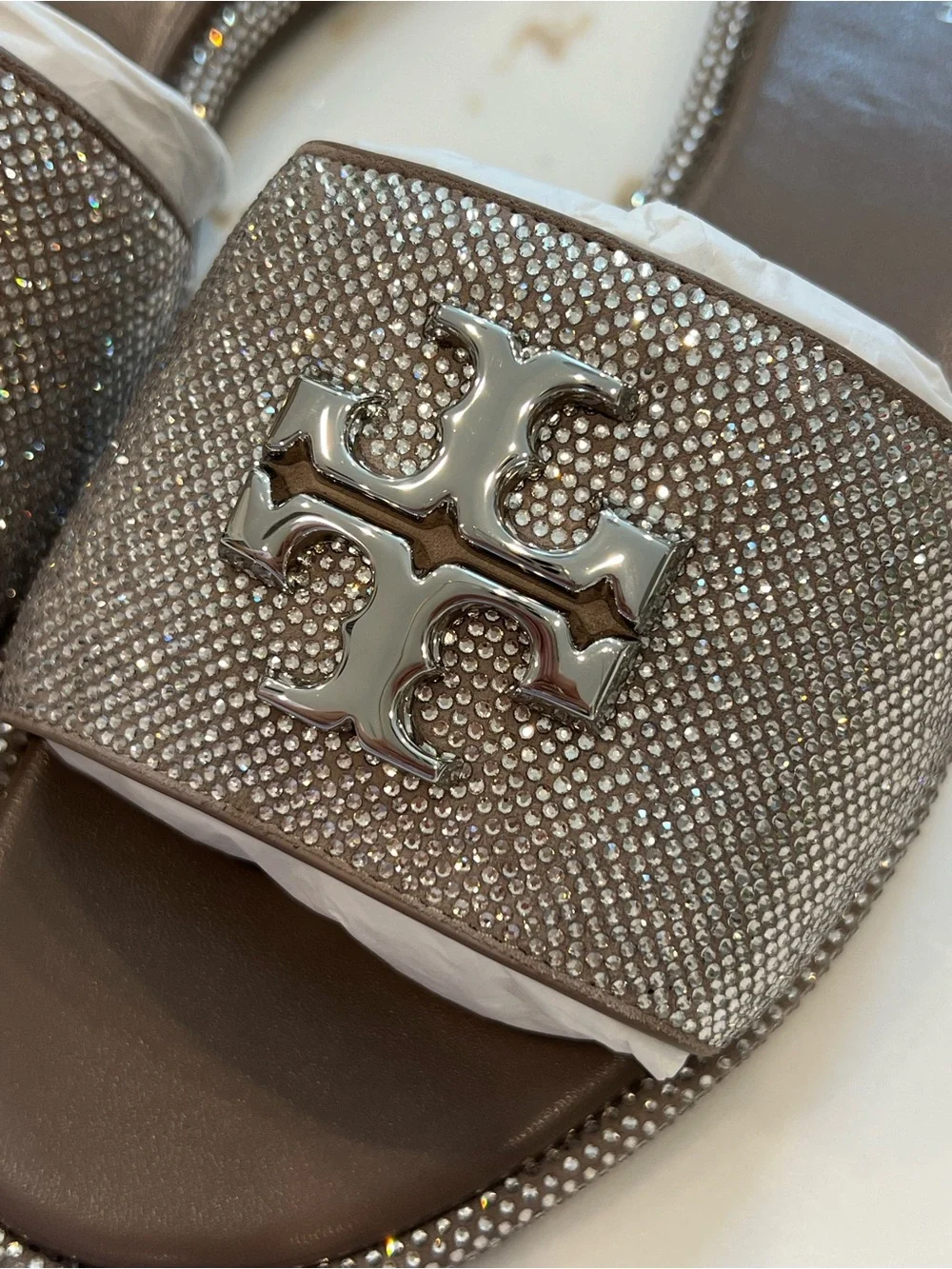 Tory Burch Taupe Crystal-Embellished Slide Sandals